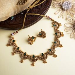 StileAdda Gold Plated Green Stone Studded Half Moon Necklace with Earrings-13