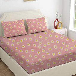 Star Weaves Pink & White Floral 200 TC King Bedsheet with 2 Pillow Covers-65