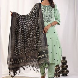 OLECUTE Women Ethnic Motifs Embroidered Regular Thread Work Kurta Trousers With Dupatta-image-70