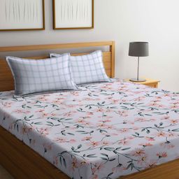 Myntra Elegant Homes White & Pink Floral Printed Fitted 300 TC King Bedsheet with 2 Pillow Covers-image-7