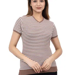 LEZA Women Striped V-Neck Slim Fit T-shirt-picture-40