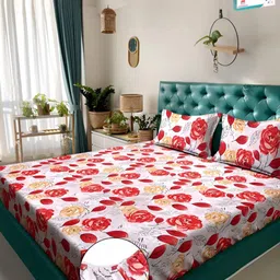 Myntra Elegant Homes Grey & Red Floral Printed Fitted 300 TC Super King Bedsheet With 2 Pillow Cover-picture-20