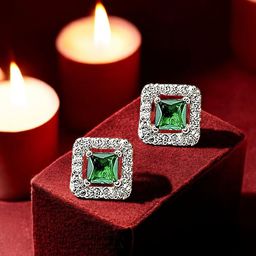 FEMMIBELLA Silver Plated American Diamond Studded Square Shaped Studs-1