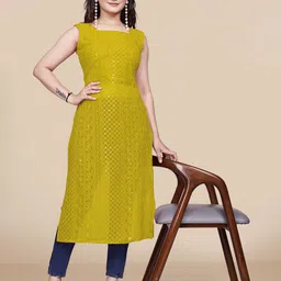 PARROT CREATION Paisley Chikankari Sequinned Square Neck Sleeveless Straight Kurta-image-99