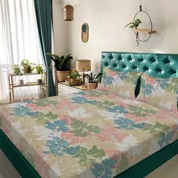 KLOTTHE Green Floral Printed 300 TC Double Bedsheet With Pillow Covers - 2.70 x 2.70 m-image-75