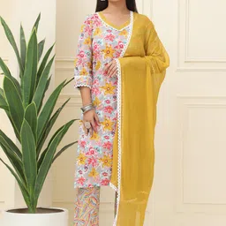 BAESD Floral Printed Lace Work V-Neck Pure Cotton Straight Kurta With Trousers & Dupatta-image-72
