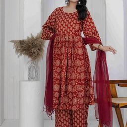 MEHKFAB Floral Printed Pure Cotton Kurta with Palazzos And Dupatta-image-35