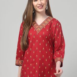 Aura Glam Ethnic Motifs Printed V-Neck Kurti-image-11