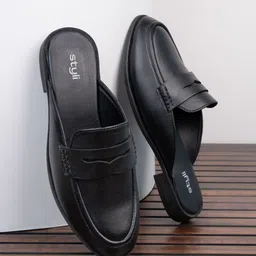 Styli Men Faux Leather Black Classic Slip On Loafer Mules-image-95