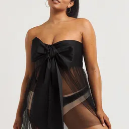 FIMBUL Women Self Design Front Bow Tie-Up Cup Laced Strapless Baby Doll With Brief-picture-22