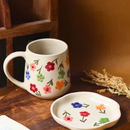 WEAVING HOMES White & Red 2 Pieces Printed Ceramic Glossy Mugs & Dessert Plate-3