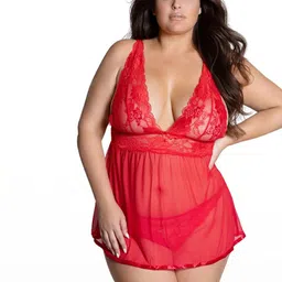 ZERJAMA Red Maroon Net & Lace Baby Doll Baby Doll-image-95