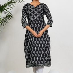 KALINI Floral Printed Notch Neck Pure Cotton Straight Kurta-48