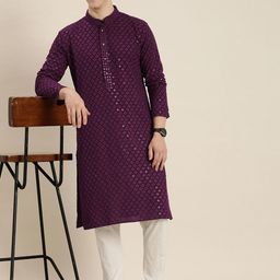 HERE&NOW Men Ethnic Motifs Embroidered Chikankari Kurta-image-102