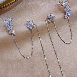 FIMBUL Silver-Plated Cubic Zirconia Studded Floral Shaped Ear Cuffs-picture-48