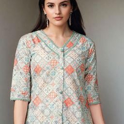 SZN Women Geometric Printed Embroidered V-Neck Shirt Style Top-image-24