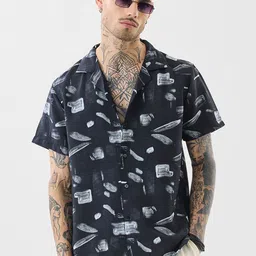 Snitch Abstract Printed Cuban Collar Boxy Shirt-image-51