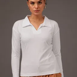 MINT STREET Women Striped Polo Collar Pockets T-shirt-image-32