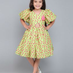 Pink Chick Print Puff Sleeve Fit & Flare Dress-image-6