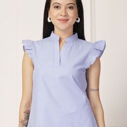 Style Quotient Striped Mandarin Collar Cap Sleeves Top-picture-29