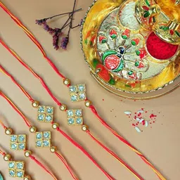 Anouk Set Of 6 Diamond Studded And Beaded Thread Rakhis With Card, Kumkum & Thali-21
