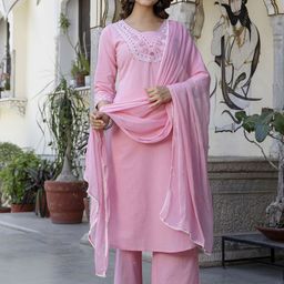 EthniFlair Floral Yoke Design V-Neck Pure Cotton Straight Kurta & Palazzos With Dupatta-image-75