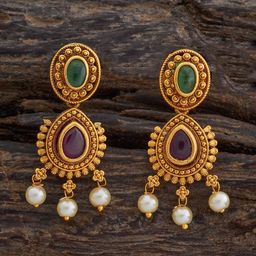 Kushal's Fashion Jewellery Gold-Plated Ruby Studded Teardrop Shaped Antique Drop Earrings-image-20