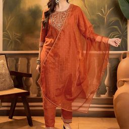 Sangria Polka Dots Printed V-Neck Thread Work Chinon Kurta With Trousers & Dupatta-5