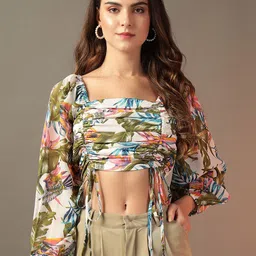BAESD Women Tropical Printed Puff Sleeves Crop Top-image-57