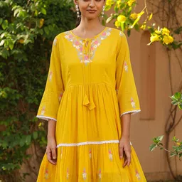 SCAKHI Mustard Cotton Mulmul Embroidered Midi Dress-picture-36