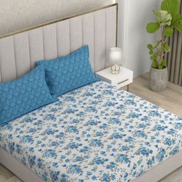 Pure Decor White & Blue Floral 180 TC Cotton Double King Bedsheet Set 2.54 m x 2.74 m-picture-4