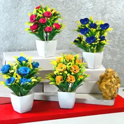 Beautiful Mini Wild Multicolor Rose Flower Plant Set Perfect Decorative Piece| Multicolor Wild Flower Artificial Flower with Pot-11