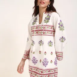 Virgio Women Frangipani The Celestial Meadow Jaipur Hand Block Print Tie-Up Neck Dress-image-24