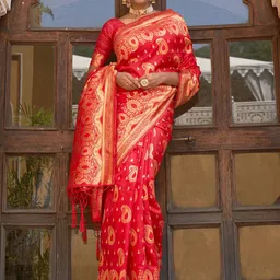 KALINI Red Banarasi Silk Paisley Saree with Unstitched Blouse Piece-image-83