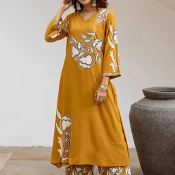 KALINI Floral Printed V-Neck Beads And Stones Straight Kurta With Palazzos-image-95