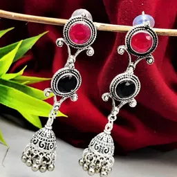 Yash Jewels Emporiums Silver-Plated Artificial Stones Studded Dome Shaped Oxidised Jhumkas-8