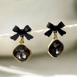 KRENOZ Gold-Plated Crystal Studded Bow Shaped Drop Earrings-1