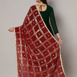 MUFFLY Ethnic Motifs Checked Dupatta with Thread Work image 5
