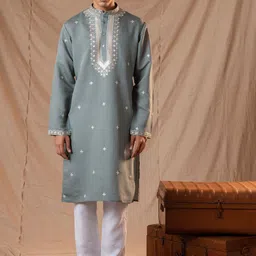 5 Stitch Ethnic Motifs Embroidered Band Collar Straight Kurta With Pyjamas-image-98