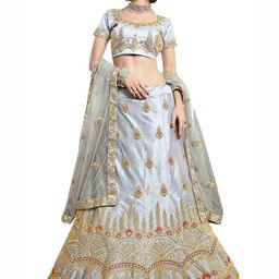 MANVAA Grey & Red Embroidered Semi-Stitched Lehenga & Unstitched Blouse With Dupatta image 3