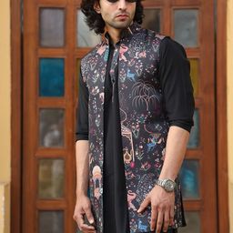 The Kurta Studio Floral Printed Band Collar Straight Kurta With Pyjamas & LongJacket-picture-54