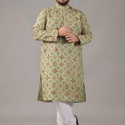 SOJANYA PLUS Size Ethnic Motifs Printed Band Collar Cotton Linen Straight Kurta-4