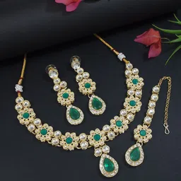 I Jewels Gold-Plated Kundan-Studded Floral Design Traditional Jewellery Set-image-59