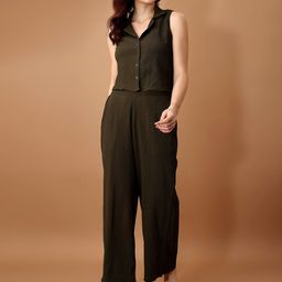 all about you Olive Green Textured Lapel Collar Crop Shirt With Trousers-picture-28