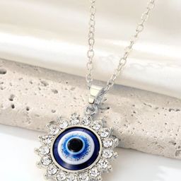 DressBerry Silver-Plated Artificial Stones Studded Evil Eye Sun Flower Pendent With Chain-image-80