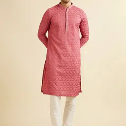 Manyavar Floral Embroidered Art Silk Mandarin Collar Straight Kurta With Trousers-image-12