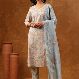 Anouk Floral Printed V-Neck Pure Cotton Kurta With Trousers & Dupatta-30