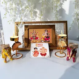Art Street 7-Pcs Brown & White Photo Frame With Elephant Diya-image-36