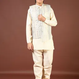 V-Mart Boys Band Collar Pure Cotton Kurta With Pyjamas & Embroidered Nehru jacket-picture-7
