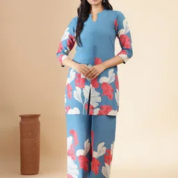 GULMEHAK Floral Printed Mandarin Collar Pure Cotton Tunic & Palazzo-picture-29